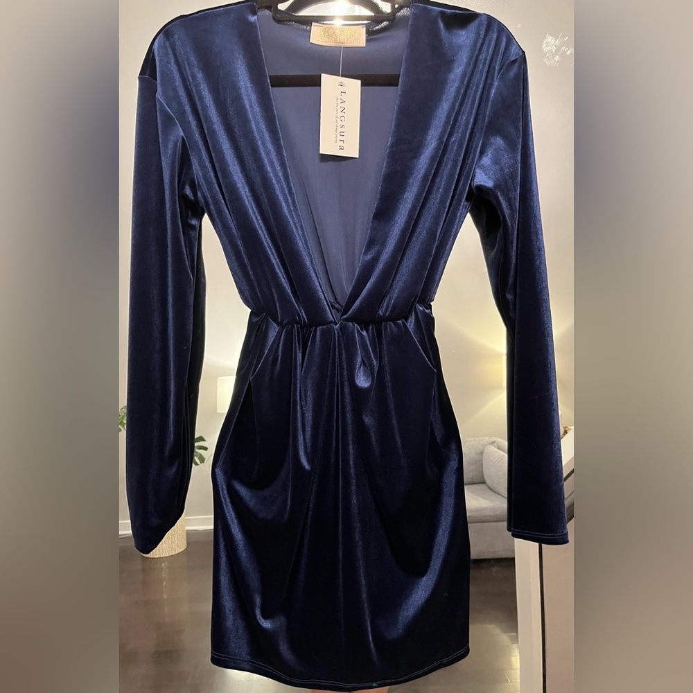 Langsura Blue Velvet Long Sleeve Mini Dress Deep V Small